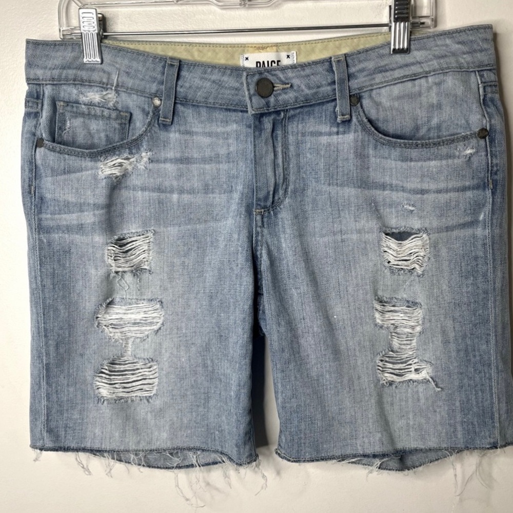 PAIGE Grant Destructed Light Wash Denim Shorts